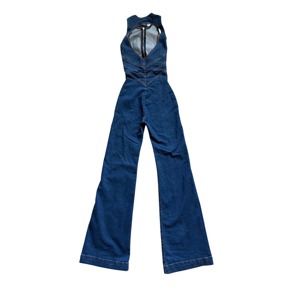 Retro Revice Hollywood Hearthrob Denim Heart Cutout Flare Jumpsuit S Dark Wash - Picture 5 of 9